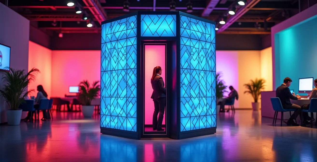 Vue d'environnement minimaliste d'une borne photo sur un stand d'entreprise, avec des accessoires colorés et une ambiance professionnelle