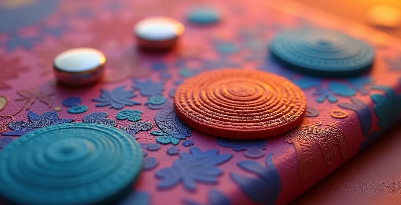 Détail de textures et motifs sur un accessoire de borne photo, avec des éléments décoratifs colorés et une finition soignée