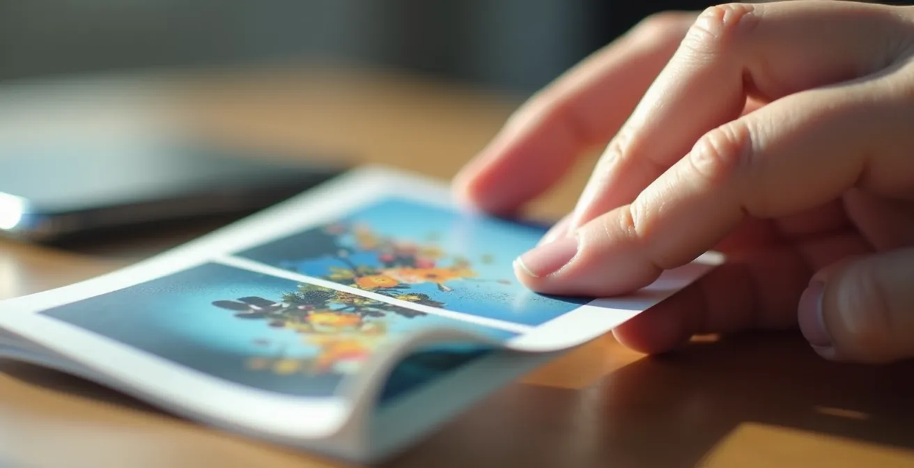 Gros plan sur une main tenant une photo imprimée, avec un smartphone flou en arrière-plan, symbolisant la tangibilité face à l'éphémère numérique