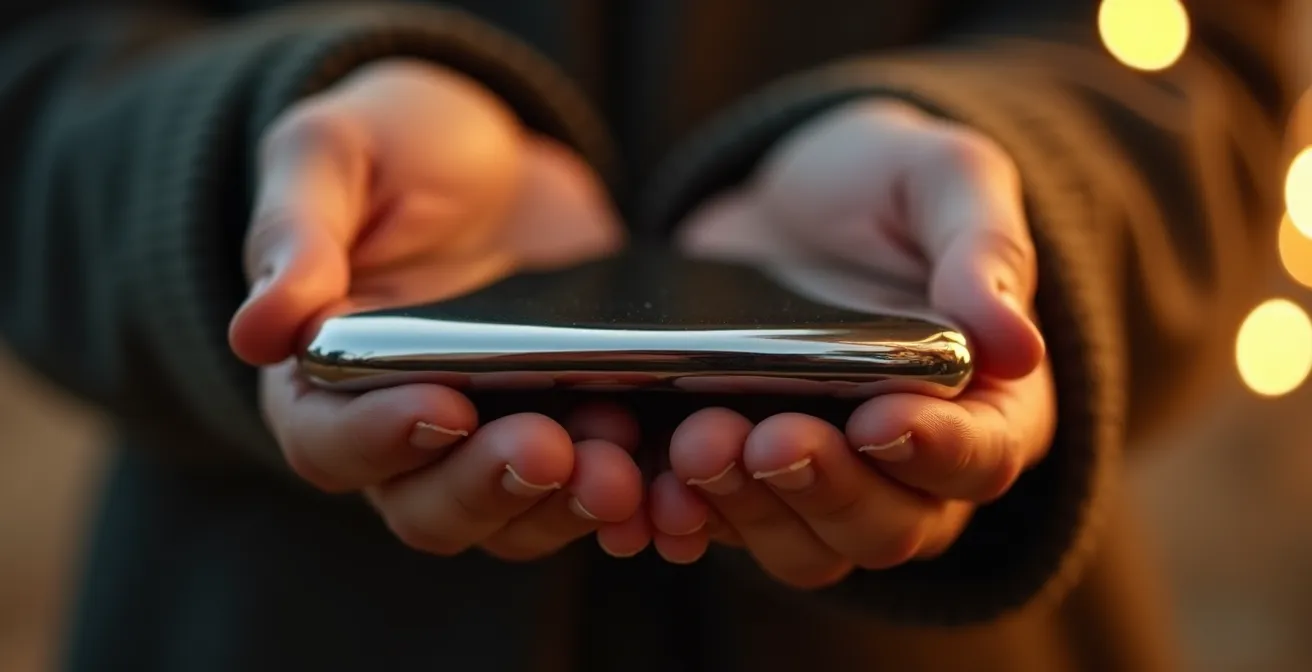 Mains hésitantes tenant un téléphone en arrière-plan flou d'une réception