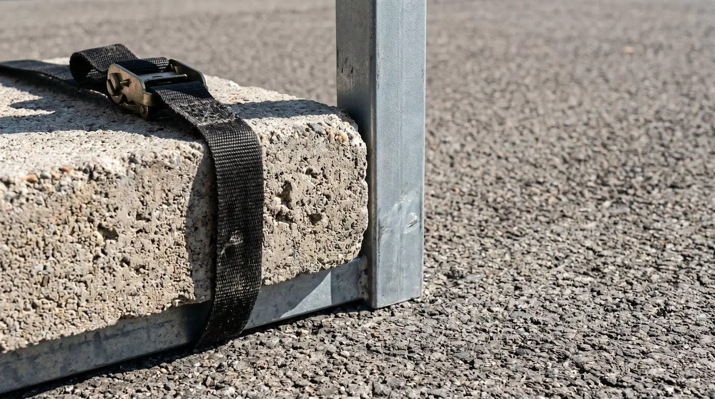 Gros plan sur un bloc de poids en béton gris posé au pied d'une structure métallique de barnum, avec détail de la sangle de fixation noire, texture granuleuse du béton nette au premier plan