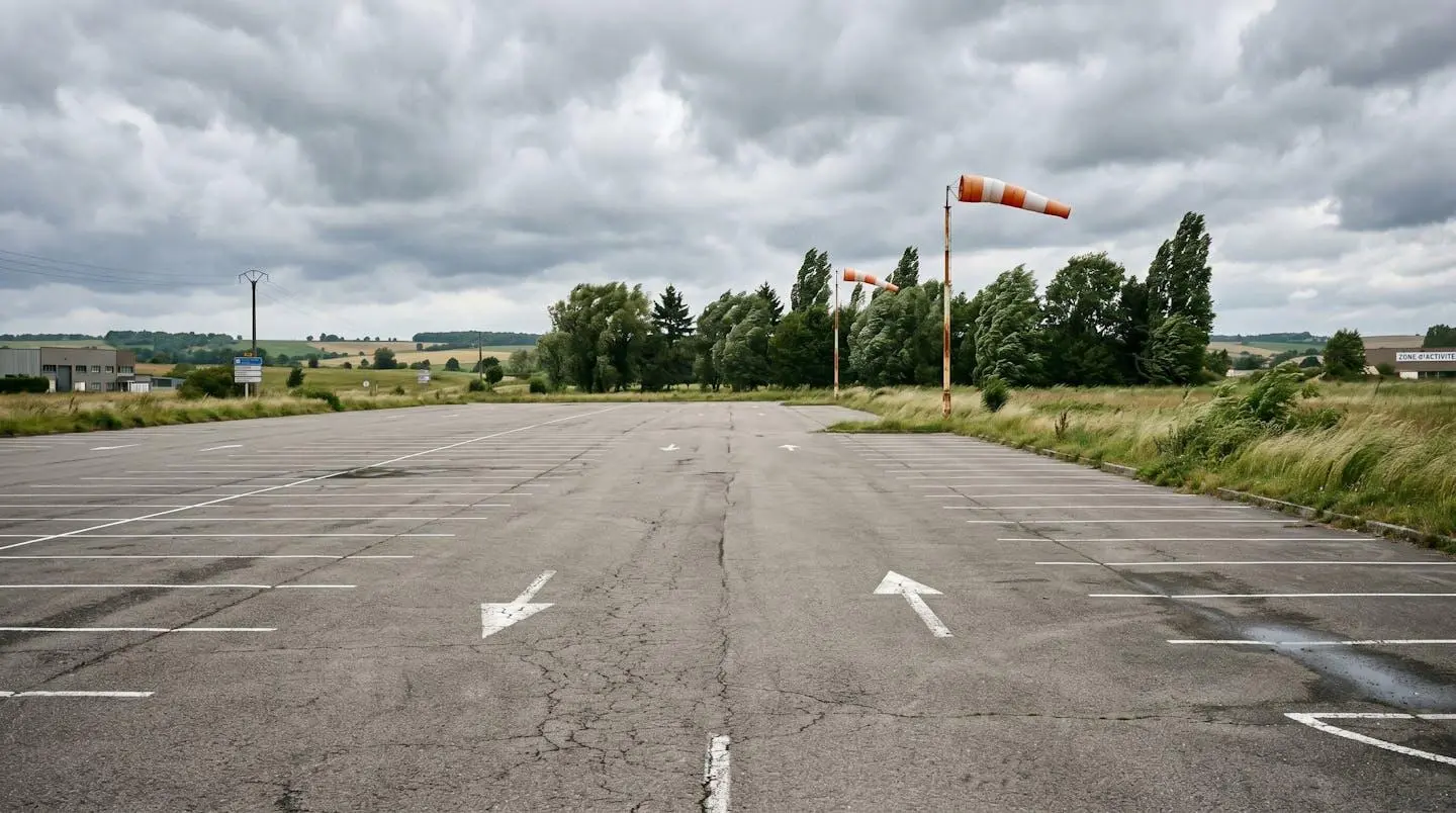 Parking bitume vide sous un ciel nuageux avec des arbres penchés au loin et de l'herbe couchée en bordure, perspective large montrant un espace plat et dégagé