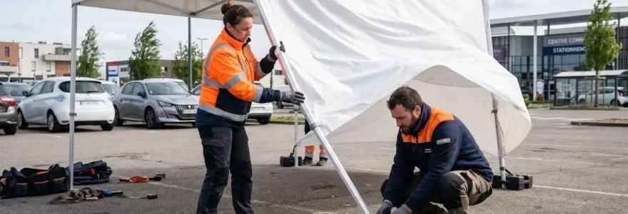 Deux professionnels en veste de travail installent un barnum pliant blanc sur un parking extérieur par temps venteux, l'un sécurisant un pied tandis que la toile ondule légèrement
